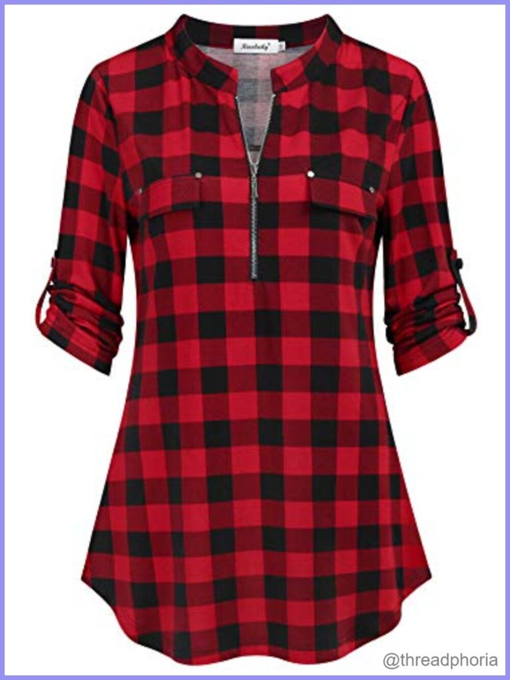 Women's Plaid Tunic Blouse 3/4 Sleeve Zip V-Neck Casual Top